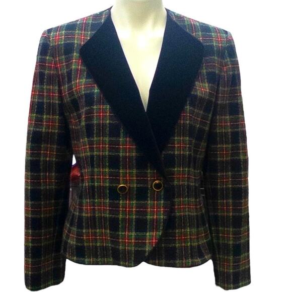 VINTAGE Pendleton Jacket Women Medium Black Tartan Wool Blazer Plaid Velvet Trim - Picture 1 of 5